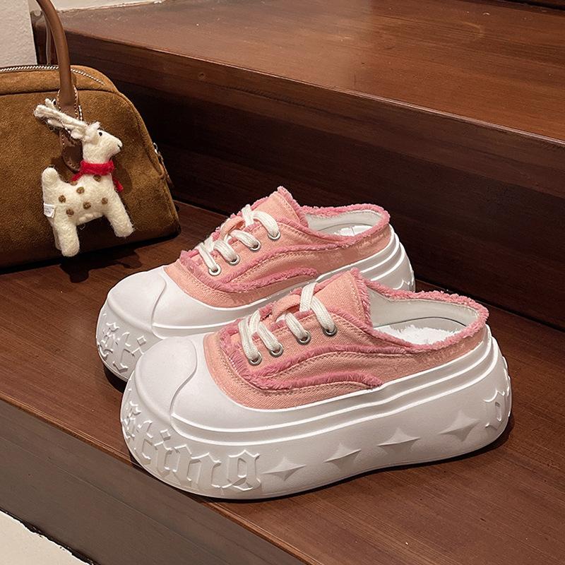 Denim Big Head Bread Shoes Muffin Thick-soled Bag Head Half Slippers Women Wear Small Height Increase Casual Half Slippers