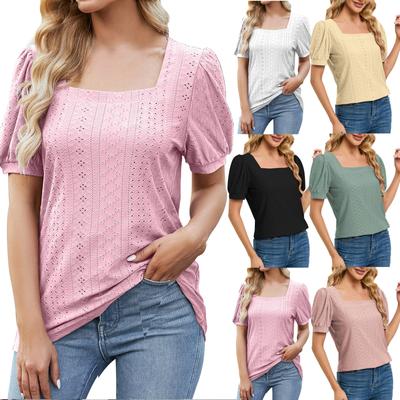 Women's Fashion Spring Summer Casual Square Collar Color Hollow Puff Sleeves Loose T-Shirt Tops