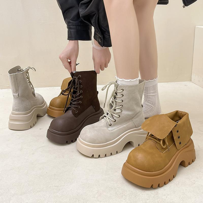 Fashion British style short boots fashion boots women's autumn and winter design sense inner height increase casual tooling boots retro Martin boots t