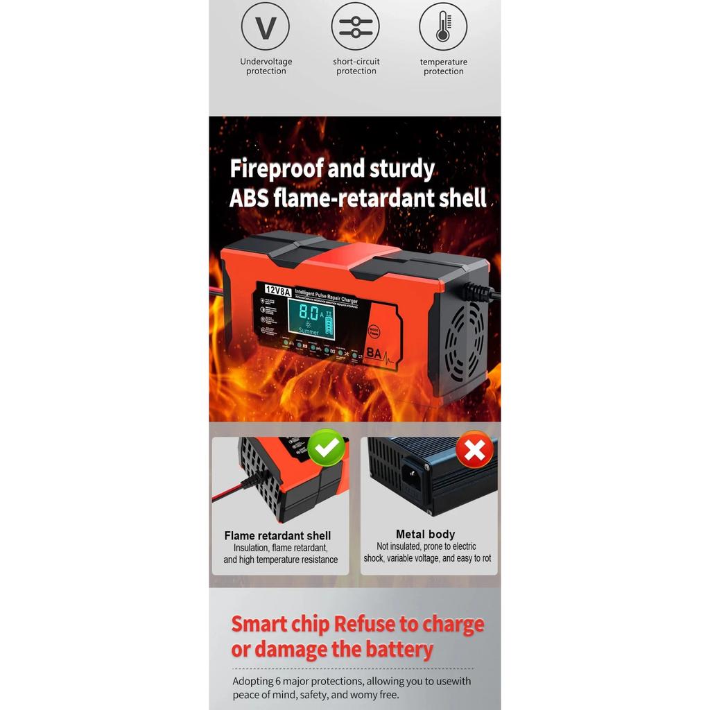 Smart 12V 8A Car Battery Charger Pulse Repair Quick Charge for Auto Moto AGM GEL WET Lead Acid LiFePO4 Battery Charging