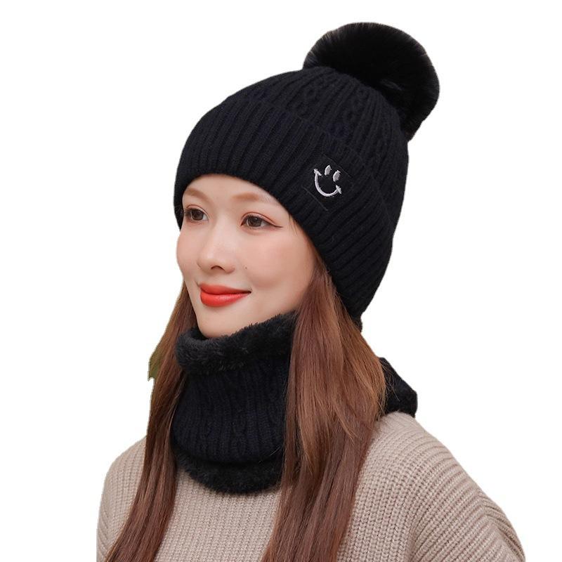 New Wool Ball Knitted Hat Women's Autumn and Winter Fashion Versatile Thickened Warm Hat Embroidered Smiling Face Wool Hat