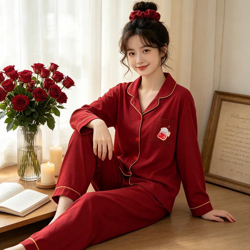 Natal year pajamas women's spring and autumn new imitation cotton long-sleeved red cute cartoon loungewear two-piece set