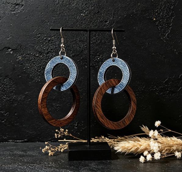 Handmade Retro Geometric Circle Patchwork Leather & Wood Pendant Earrings