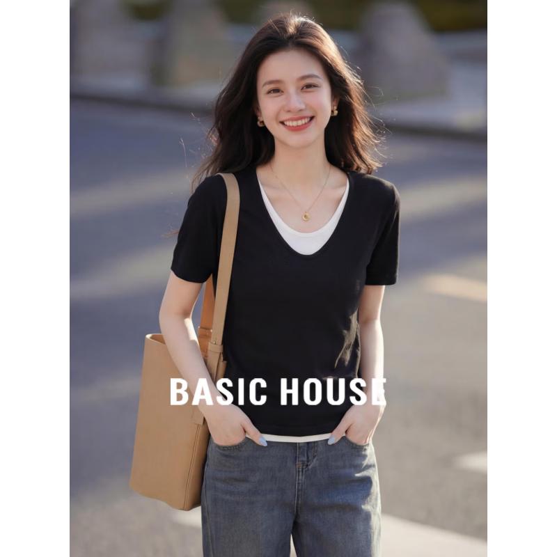 Basic House Women s Faux Two-Piece V-Neck Short Sleeve Tencel Knit Top L