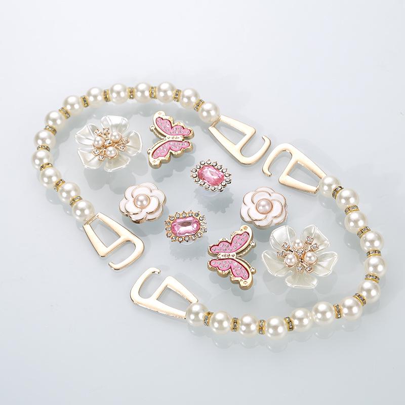 Cute Pink Butterfly Bead Chain Detachable Shoe Accessory with Metal Style Flower