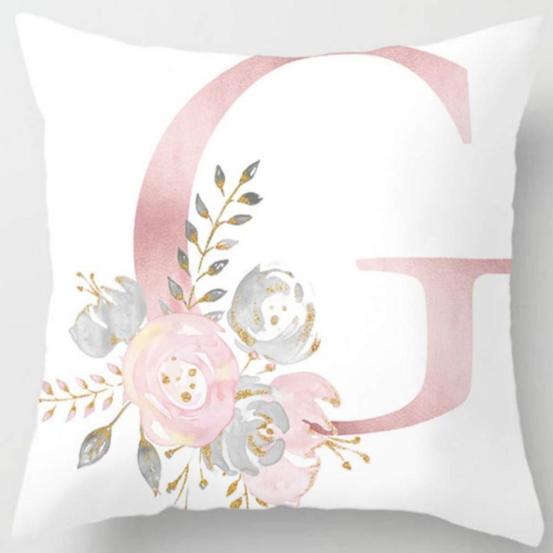 White Pink Alphabet Pillowcase Letter A-Z Flower Pillow Cover Sofa Cushion Cover Home Decor Pillow Cover