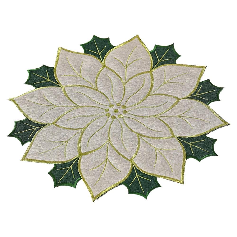 

4pcs Thickened Poinsettia Placemat Embroidery Table Runner Holly Leaf Insulation Pad Kitchen