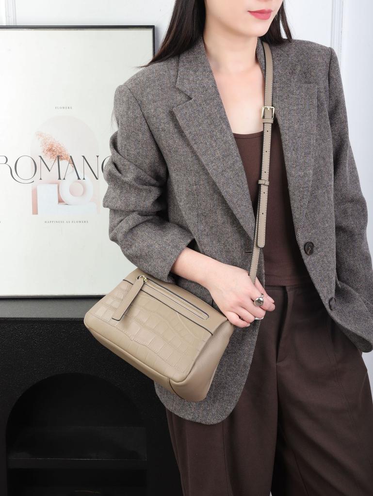Women's Commuter Minimalist Crossbody Bag Top Grain Cowhide, Multi-pocket Main Compartment Shoulder Bag, Ste Pattern Small Bag