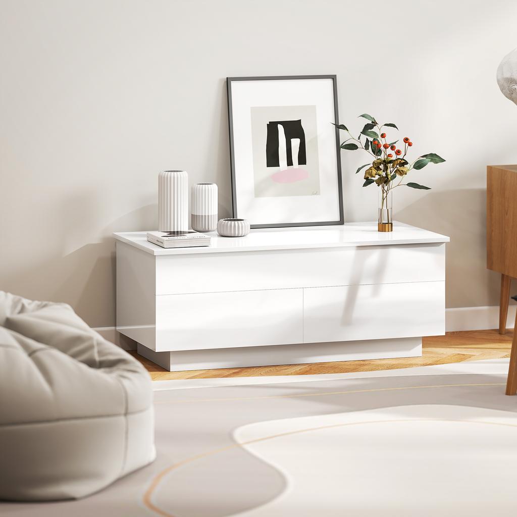 Coffee Table Height-Adjustable, Modern Living Room Table with Hidden Storage and 2 Drawers, High Gloss White