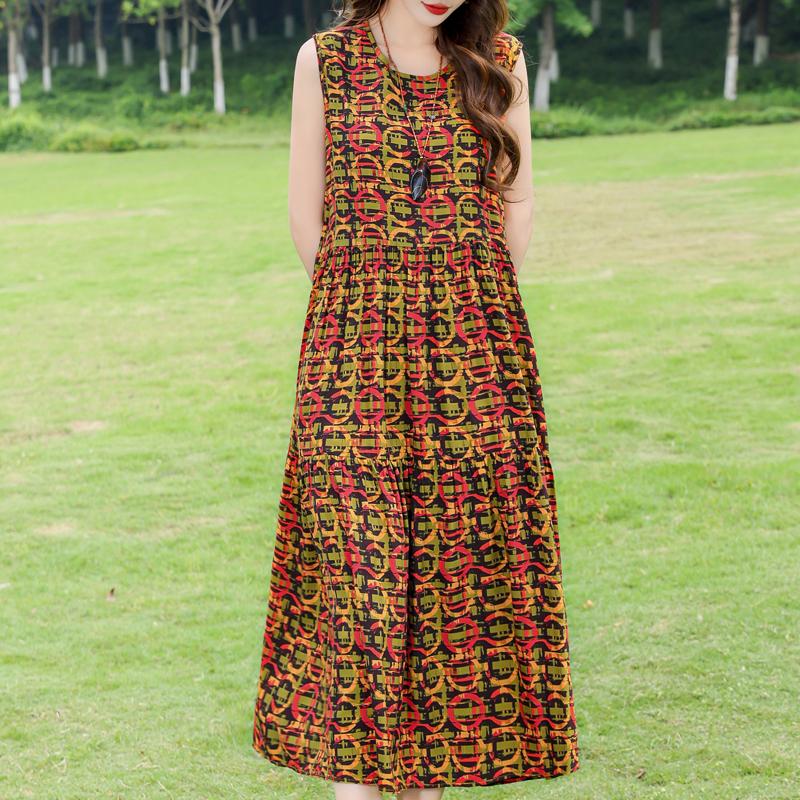 Elegant Sleeveless Dress for Women Plus Size Loose Vintage Print Long Dress Summer Middle-aged Women's Clothing
