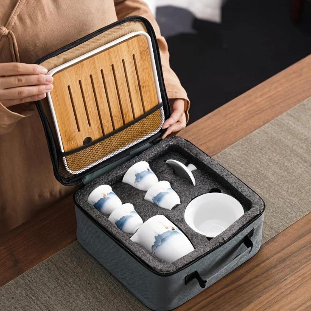Ceramic Chinese Kung Fu Tea Set Suitable For Travel Camping Portable  Gaiwan Tea Tray With 4 Tea Cups Tea Infuser