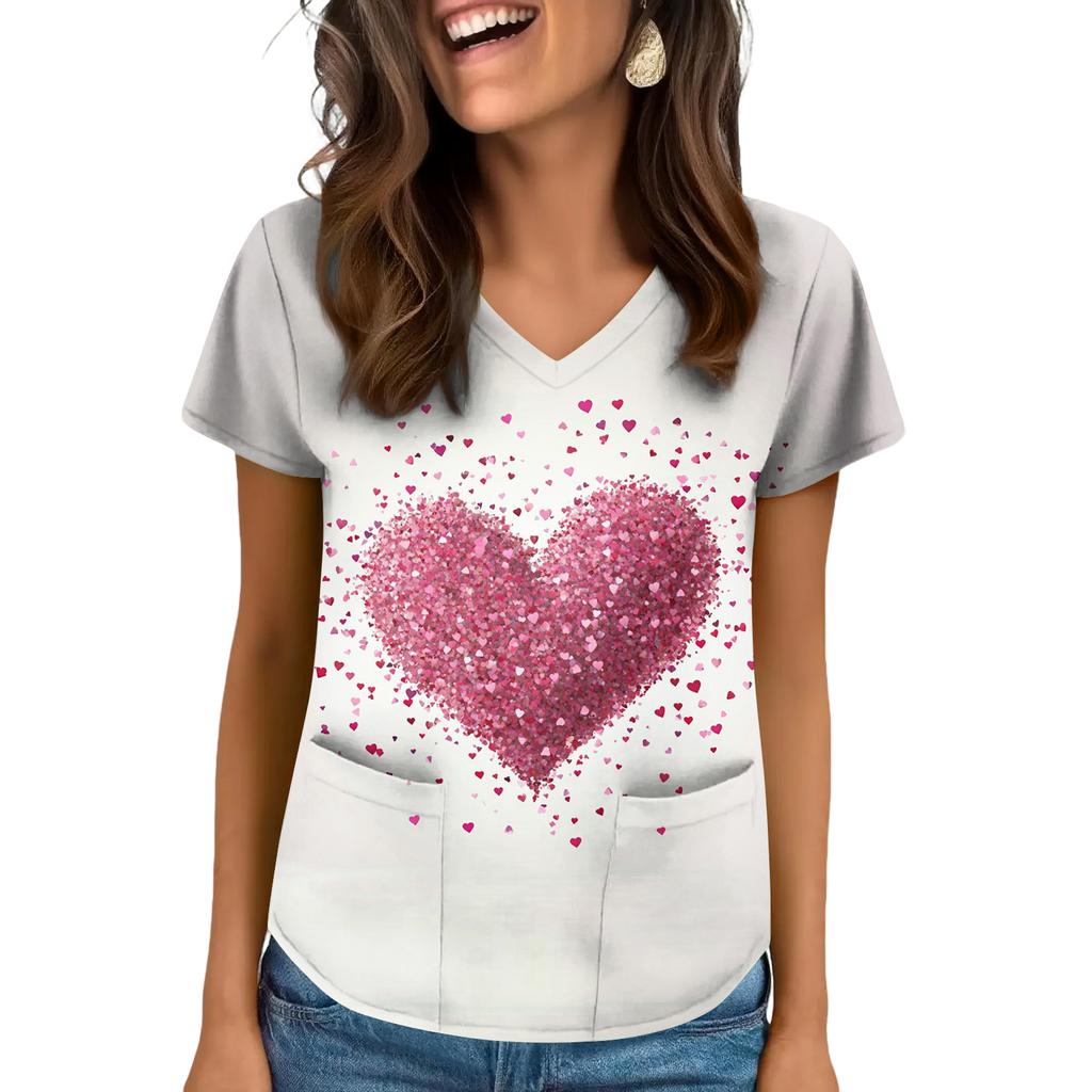 Women's V-neck Valentine's Day Printed Short-sleeved Top With Pockets And Side Slits, Suitable For Caregivers.