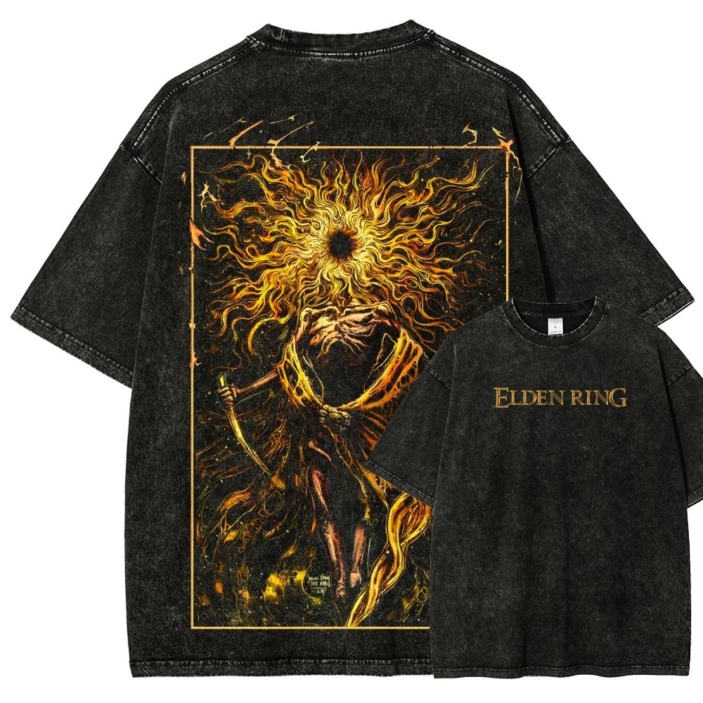 Vintage Washed Oversized Crewneck T Shirt Print Dragon Lightning Demon Wing Graphic Y2K Goth Streetwear Loose Casual Tee for Men Women Punk Fans
