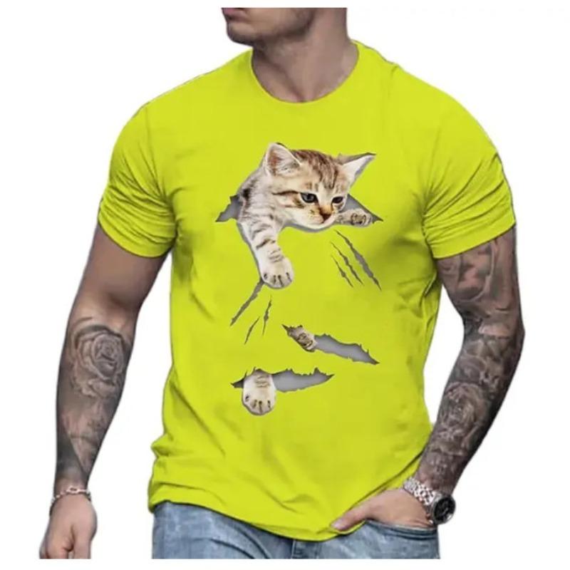 Summer Round Neck 3D Cat Print Top Fashionable Casual Short Sleeved Men's T-shirts