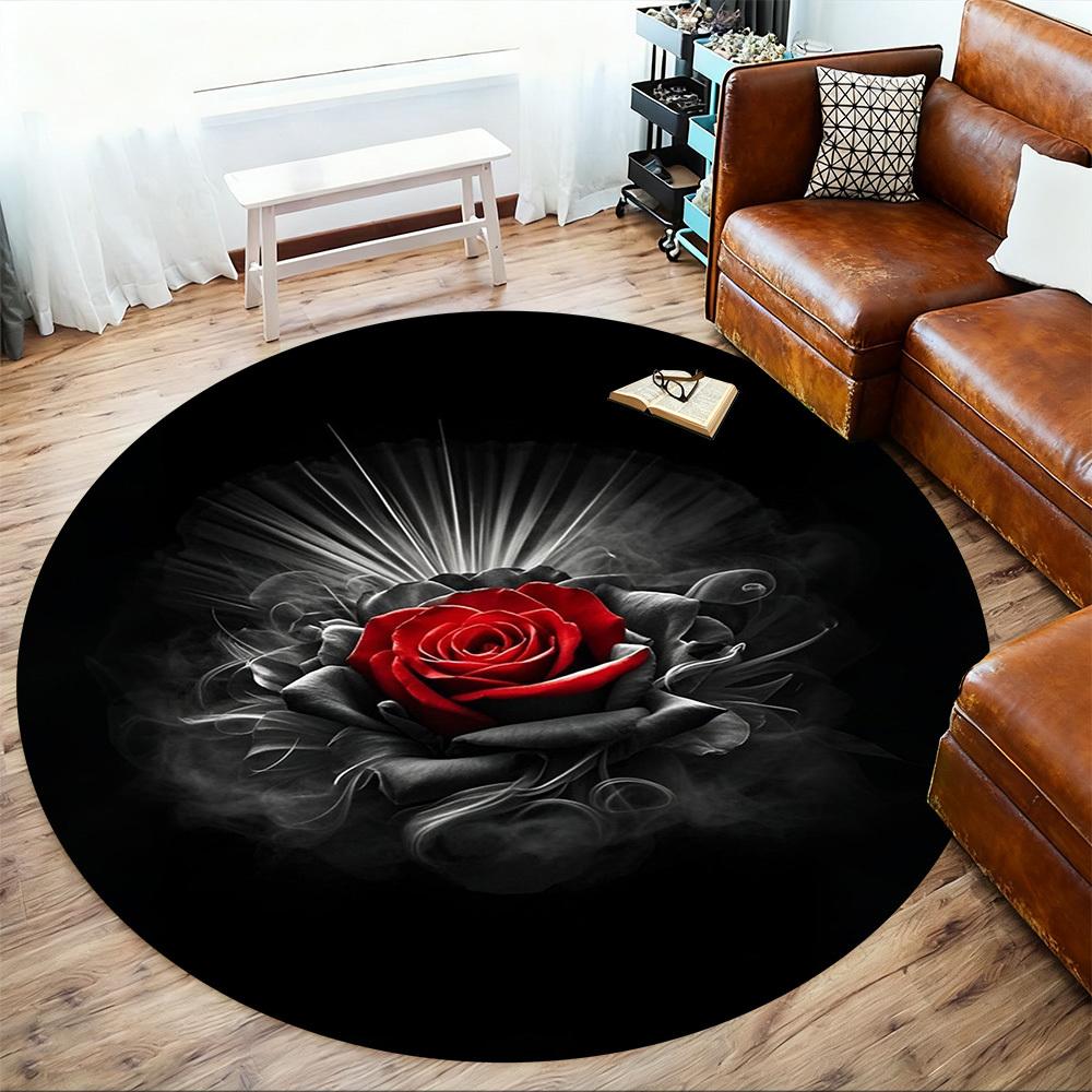 1PC Red Rose Black Background Round Chair mat Area Rug - Non-Slip, Floor Mat for Office, Bedroom, home decor Christmas Gift c0528062