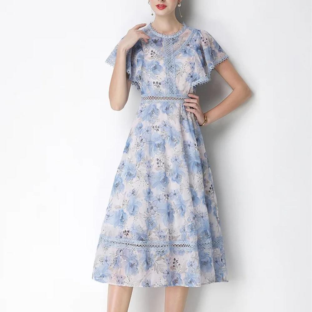 Vintage High-End O-Neck Short Sleeve Ruffle Lace Hollow Out Dress for Women's Summer Slim Elegant Long Dress Female Clothing