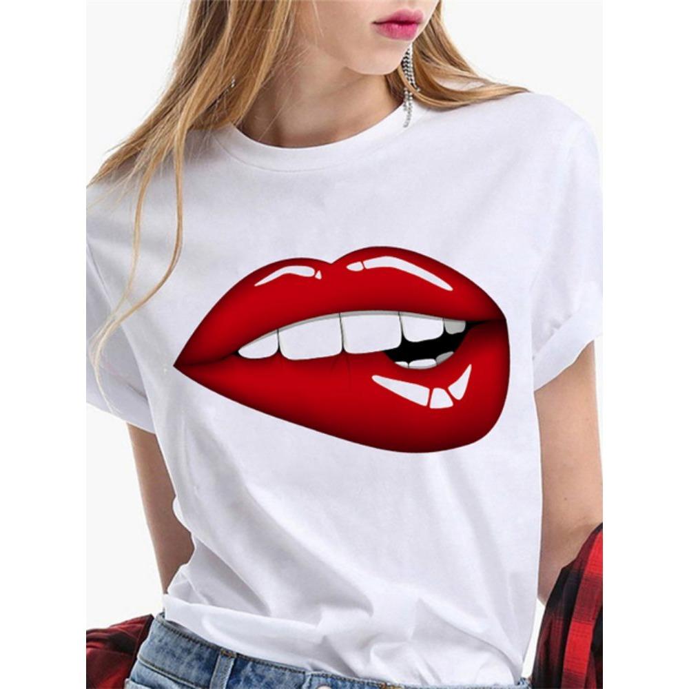 Fashion Sexy Red Lip Women T Shirt Funny Kiss Lips Print Ladies Casual Basis O-collar Short Sleeves Female Tops Tees