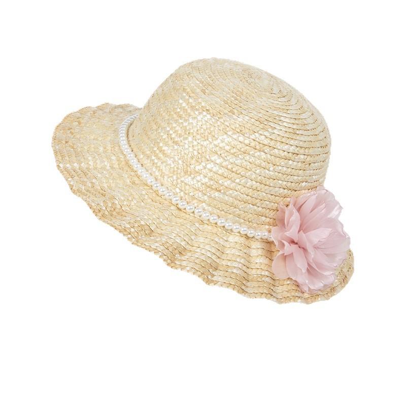 Flowers Pearl Straw Hat Women's Sweet and Versatile Hepburn Style Top Hat Summer Sun Shaving Hat