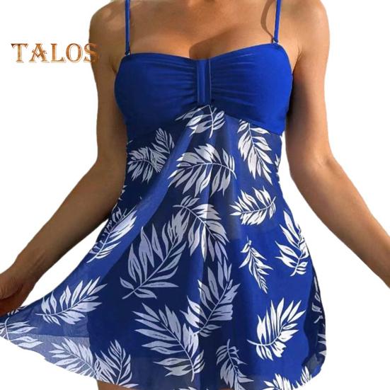 2Pcs/Set Women Summer Swimsuit Set Adjustable Straps Print Mesh Hem Bandeau Tops High Waist Swim Shorts Set