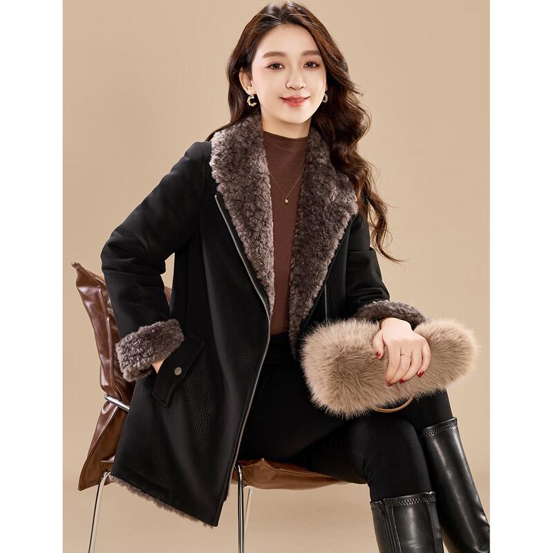 Kobel Women's Elegant Plush Lamb Wool Blend Color-Block Coat
