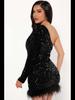 European & American Autumn/Winter Sequin Feather Dress with One-Shoulder Long Sleeve