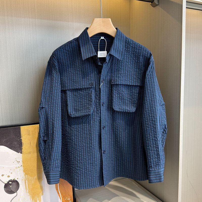 Lightweight Waterproof~Foreign Trade Slightly Wrinkled Seersucker Texture Men s Casual Plaid Shirt Jacket Versatile Breathable Shirt Navy Blue M