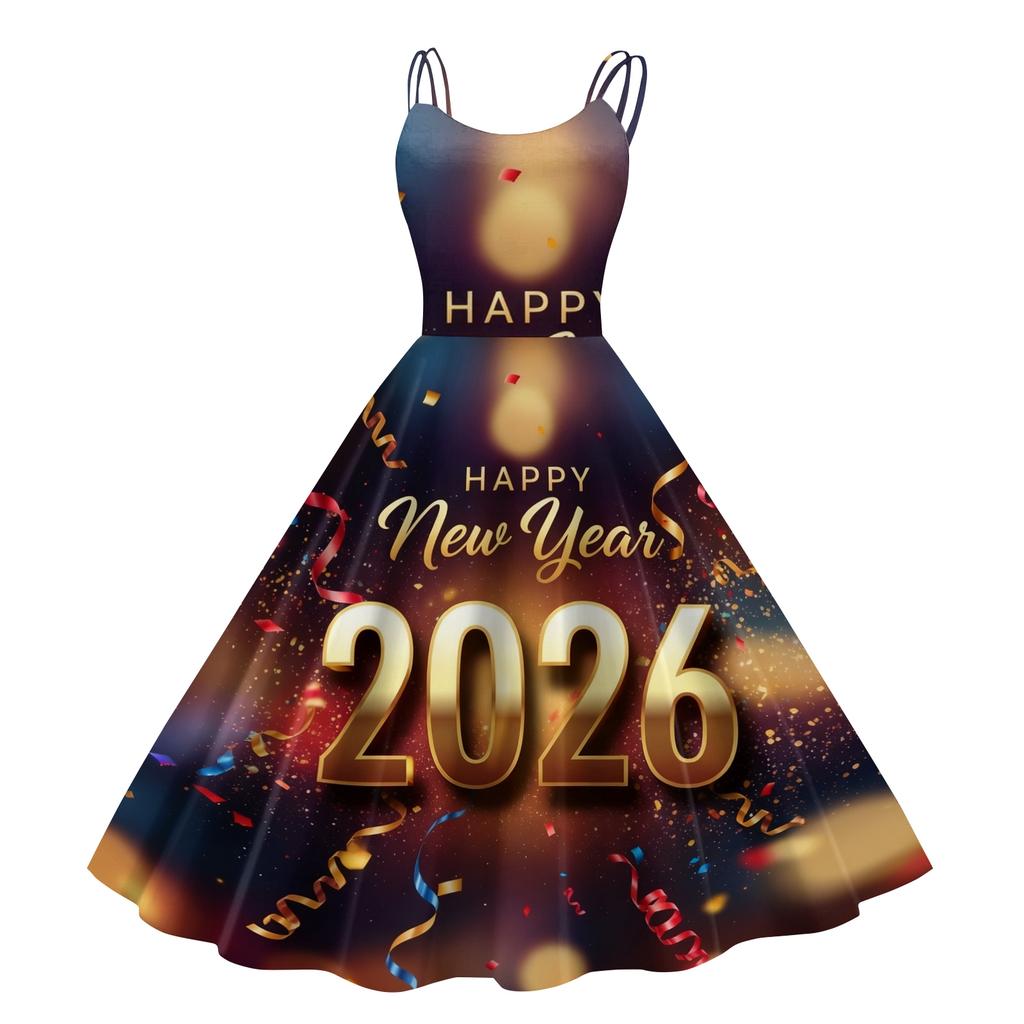 Dámské Novoroční Tištěné Ležérní Módní Midi Šaty s Kulatým Výstřihem