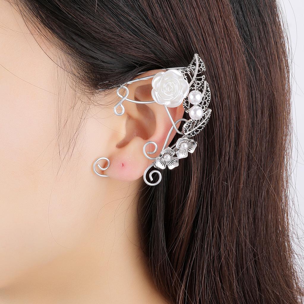 Earrings Retro Earless Flower Ear Bone Clip Rose Branch Elf Fringed Ear Hanging Ear Clip