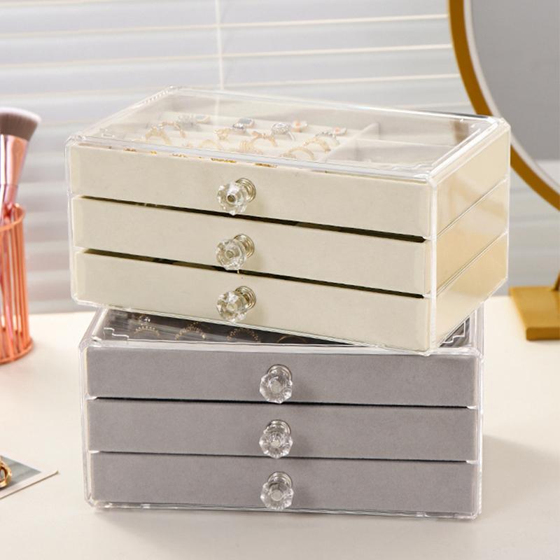 קופסת תכשיטים שקופה, מארז תצוגה 3 שכבות, עגילי שרשרת טבעת, קופסאות ארגון מפלסטיק, מגש תכשיטים מקטיפה, מתנות