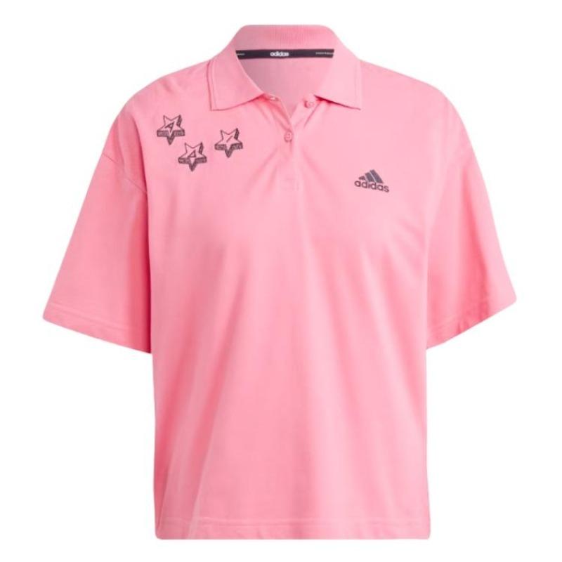 Adidas Scribble Graffiti Loose Fit Short Sleeve Polo Shirt Women Tops Pink Black IJ8745