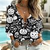 Women's Casual Halloween Print V-Neck Ruffle Trim Tie-Front Top with 3/4 Sleeves