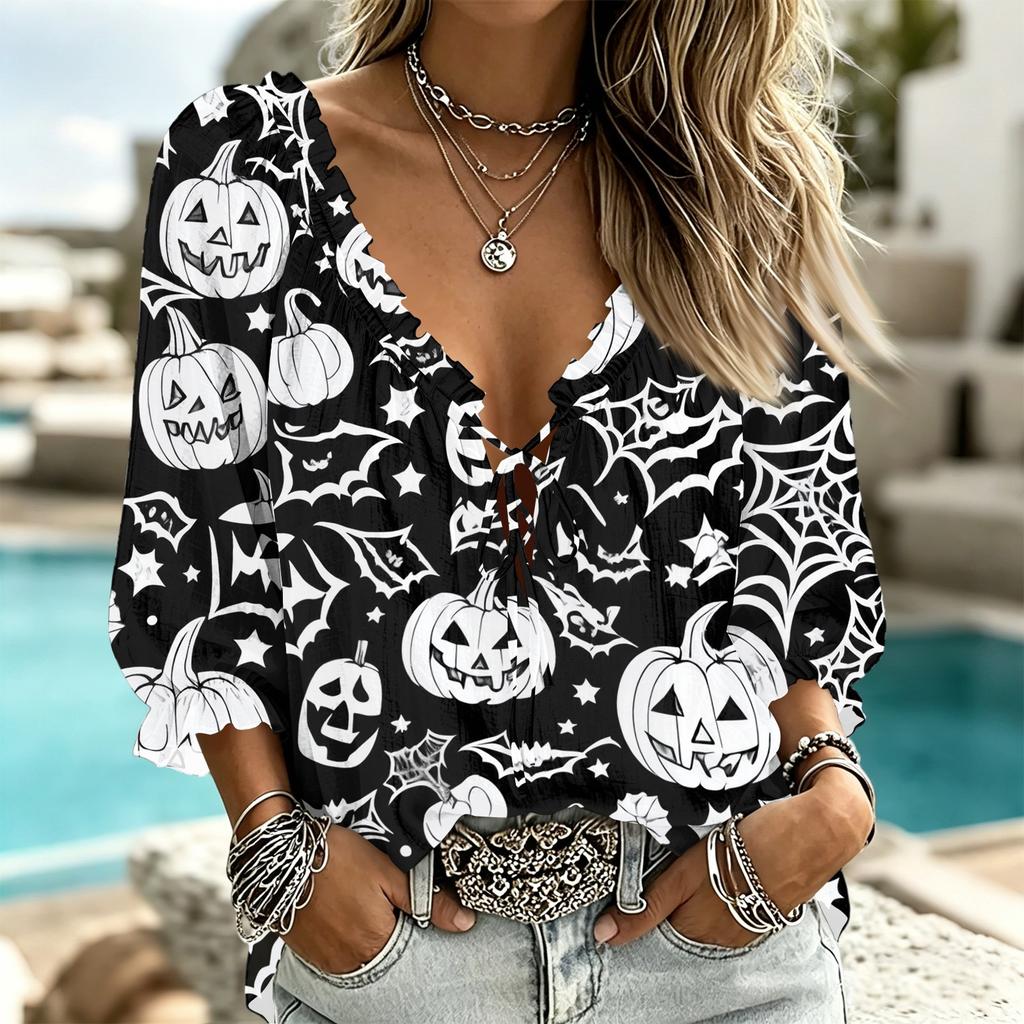 Women's Casual Halloween Print V-Neck Ruffle Trim Tie-Front Top with 3/4 Sleeves