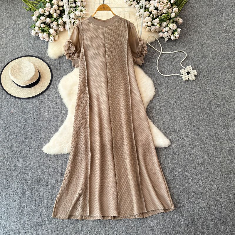 

Sanzhai Ruched Fancy Dress Women s Plate Flower Loose Slim Looking French Plus Size Dress Elegance Elegant Long Dress Coffee All yards
