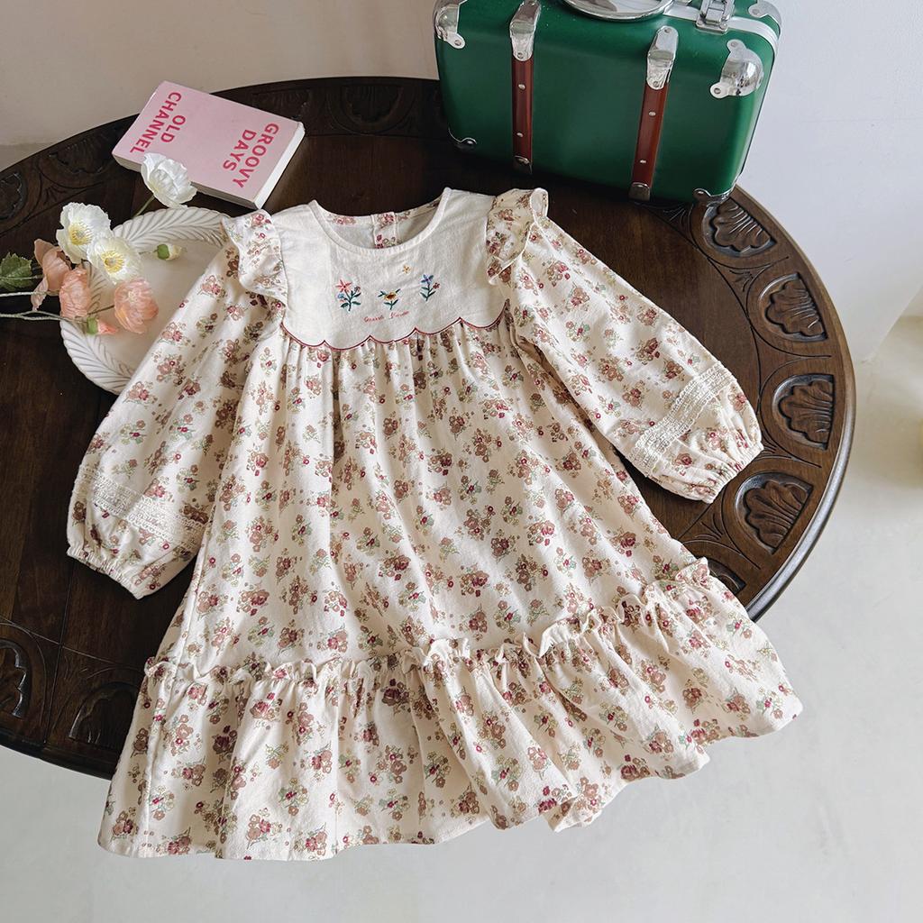 Sweet Girls Floral Dress With Ruffle Sleeves Spring Long Sleeve Princess Dress With Flower Embroidery For Kids