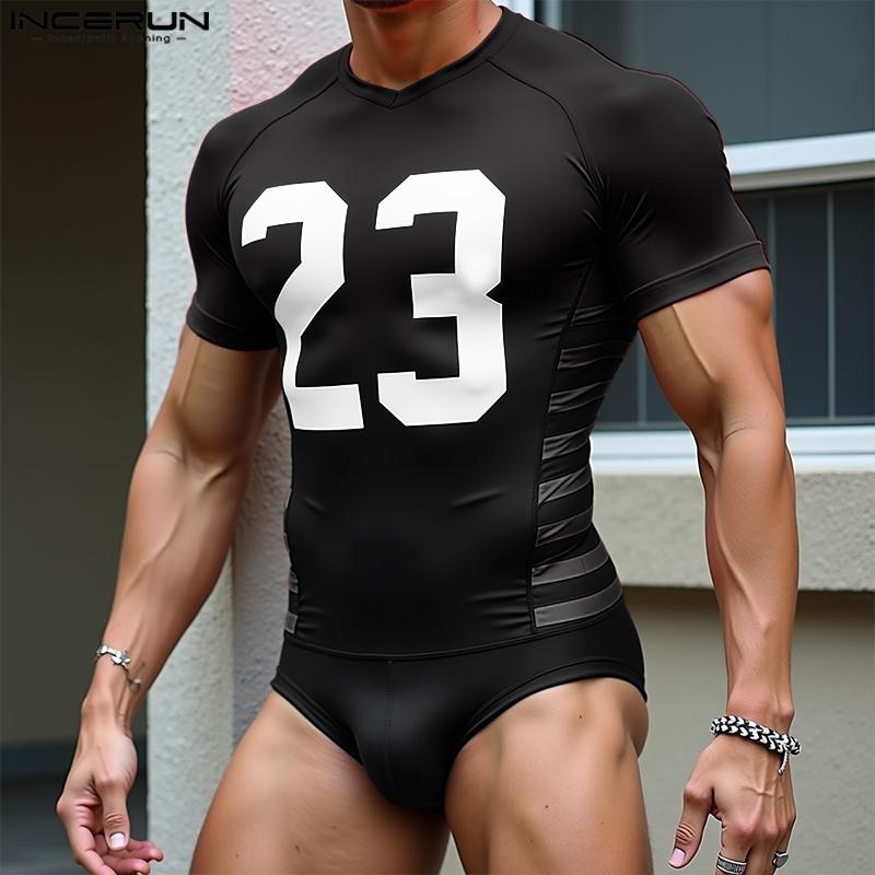 INCERUN Men's Sleeveless Letter Print Fitted Leotard Jumpsuits Underwear