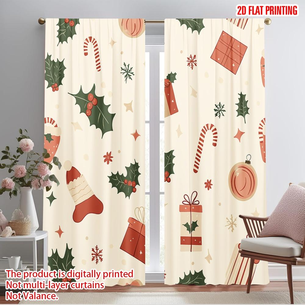 

2pcs,2D plane printing Curtains Digital Printed Christmas Baubles Candy Canes Gifts (3) Versatile Polyester Fabric (without rod) 52.50×116.00 CM 2pcs