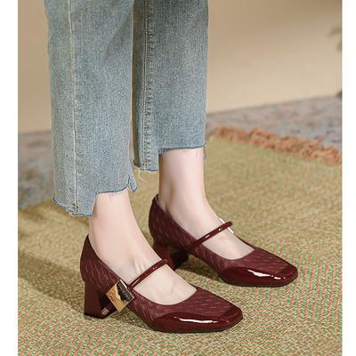 Mary Jane Shoes Women's Middle Heel New Square Head Single Shoes Splicing Retro Magic Buckle Word with Thick Heel High Heels