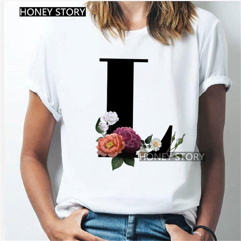 Kawaii English Alphabet Flowers Graphics Female T-Shirt 90S Summer Loose Short Sleeve Round Neck Female Tops Clothing