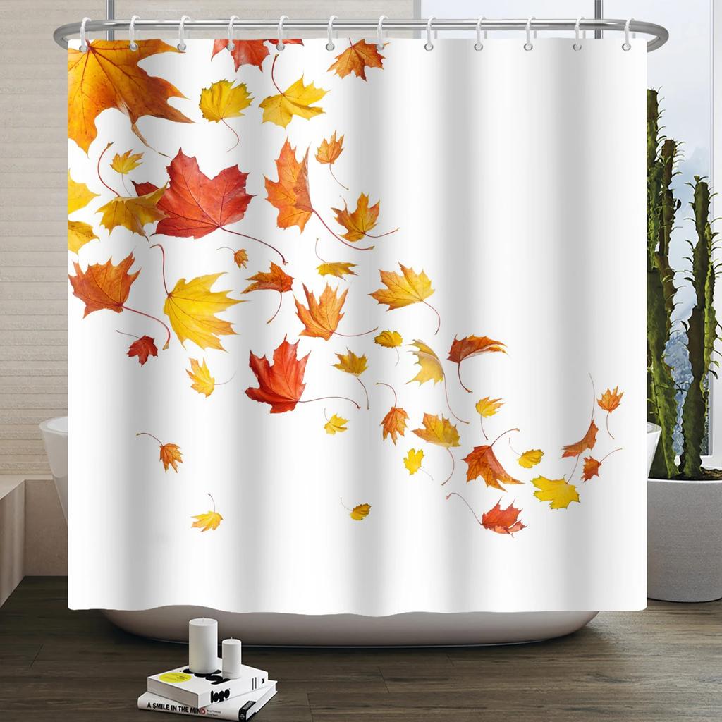 Autumn Forest Maple Shower Curtain Natural Jungle Leaves Pumpkin Fall Bathroom Shower Curtain Waterproof Shower Curtain Decor