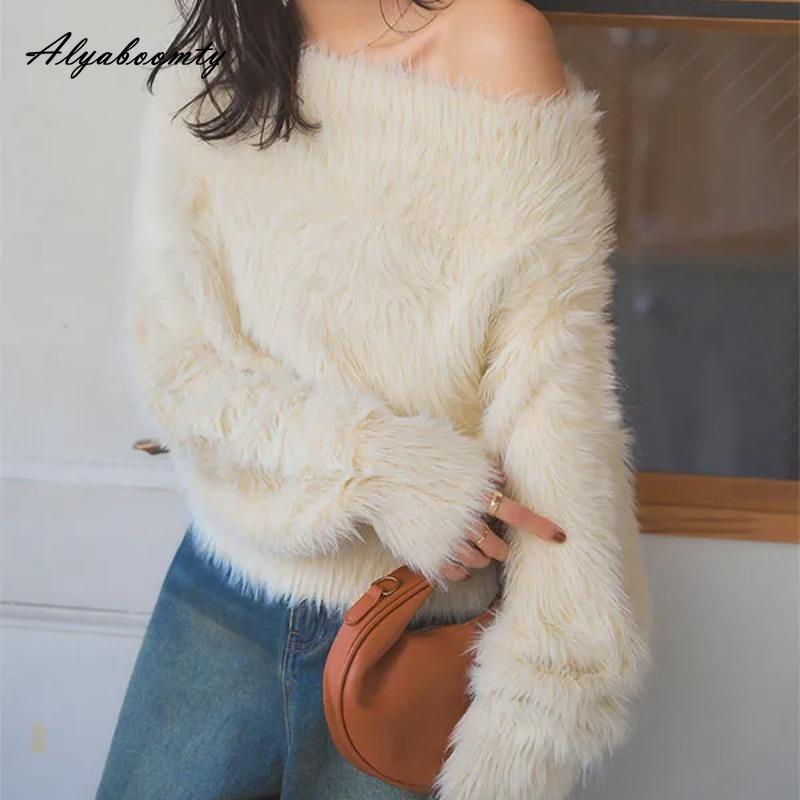 New Arrival Autumn Winter Women's Fluffy Faux Mink Sweater-Soft Fuzzy Pullover Slash Neck Gray Beige Warm Feminine Sweater