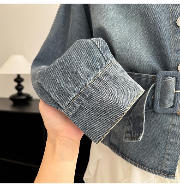 Women's Retro Denim Jacket: Lace-Up Waist, Collar, Long Sleeves, Short Loose Fit, Spring Style.