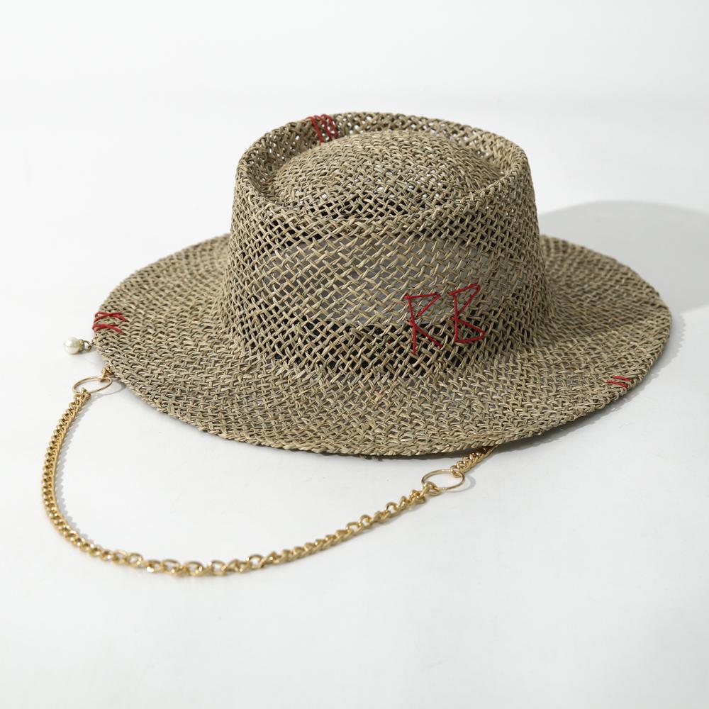 Gepersonaliseerde klassieke strooien hoed handgemaakt ontwerp hoed parelketting zomer zonnehoed nieuwe letter hoed strand vrouwen gorras para hombres