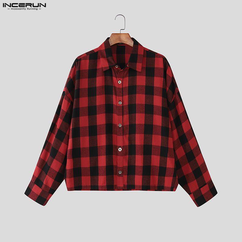 INCERUN S-XXXXXL Men Turn Down Collar Long Sleeve Plaid Loose Casual Shirts