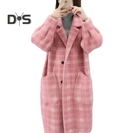 

Женское зимнее пальто из утолщенного искусственного меха с клетчатым принтом, свободное, средней длины, с карманами, однобортное, с длинными рукавами, с лацканами, устойчивое к холоду женское пальто M розовый