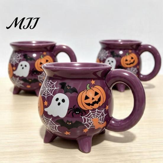 Microwave Safe Ceramic Mug Halloween Witch Cauldron Coffee Mug, 360ml Ghost Pumpkin Spider Web Pattern Cup Cup, Spooky Drinkware for Party,