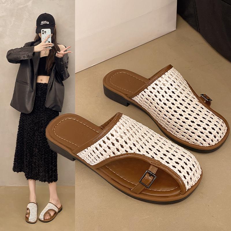 Weave Flats Mules Shoes Women Casual Sandals Summer Slippers Slingback 2025 Beach Slides New Trend Mujer De Sandalias