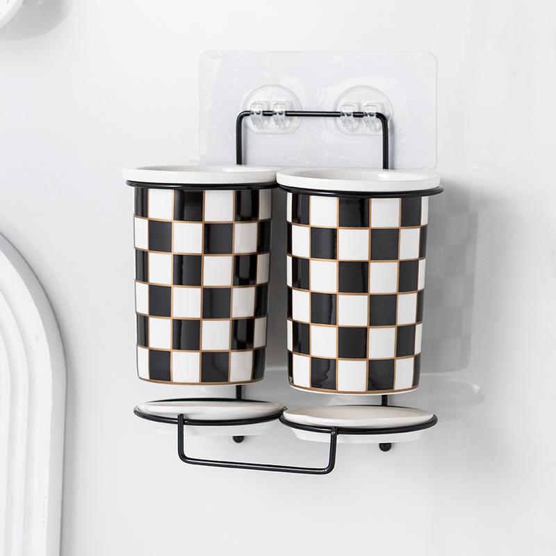 Checkerboard Ceramic Chopsticks Holder Drain Rack Chopsticks Basket Chopsticks Box Cutlery Box Storage Rack Wall-mounted Shelf