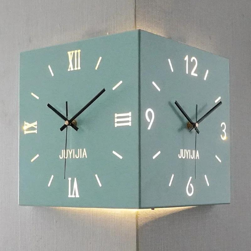 Nordic Wall Clock Lights Corner Double Sided Wall Clocks Square Living Room Clock Roman Minimalist Design Clocks Modern Stylish