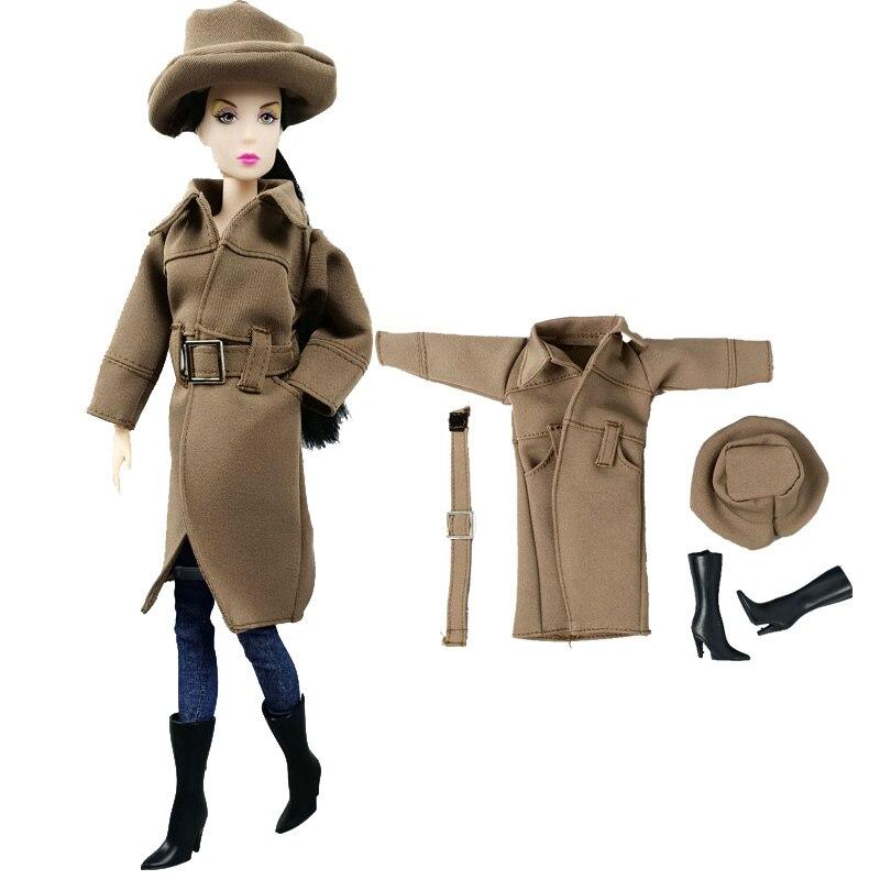 Winter Warm Fashion Office Khaki Coat for Barbie Doll Outfits Clothes Hat for Barbie Doll Black High Heel Shoes for 1:6 BJD Doll