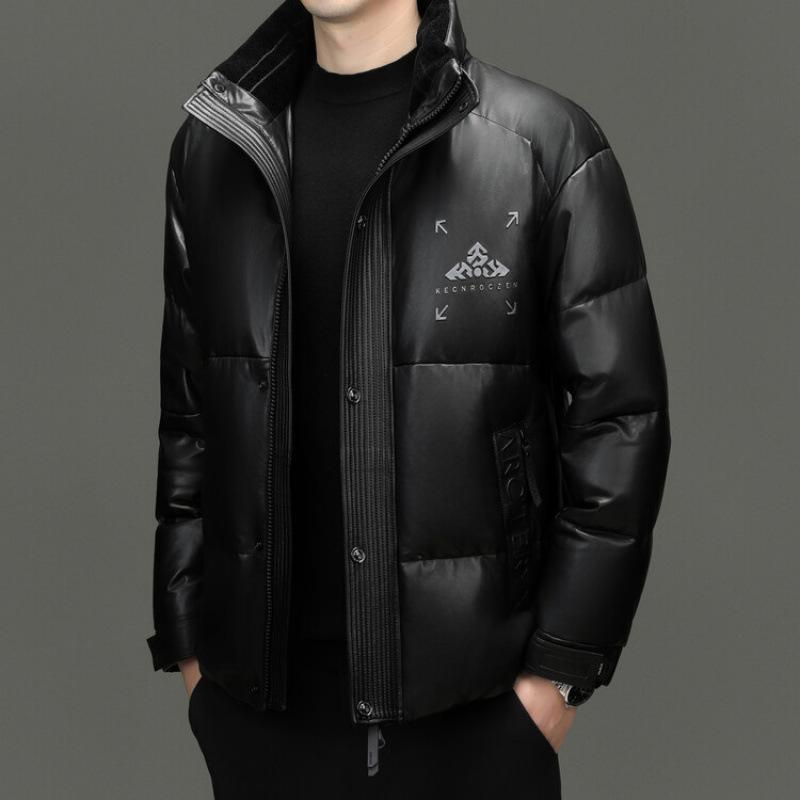 

Кожаный пуховик мужской с принтом зимняя одежда утолщенный тепловой воротник-стойка овчина пух кожаная куртка куртка 56 чёрный